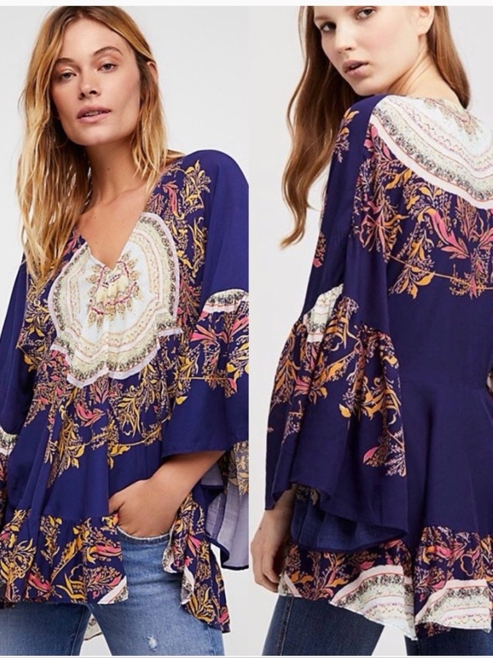 #703 Free People Beautiful Navy Blue Floral Print Tunic with gorgeous sleeves.
